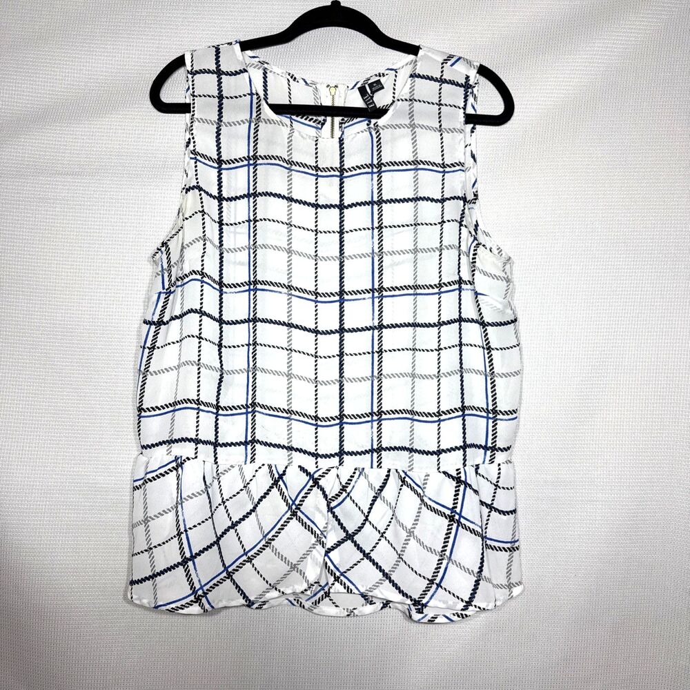 ELLE Women’s Peplum Top Sleeveless V-Neck Zip Back White Blue Black Plaid- XL